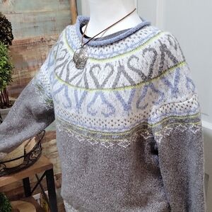 Nordic Style Inspired Sweater Womens Oversize M Gray and Blue, Scandi Girl